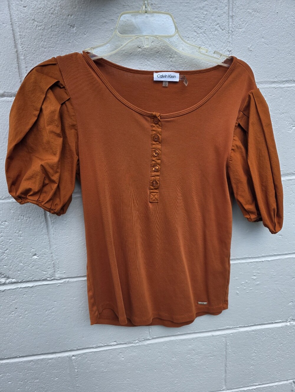 Calvin Klein Burnt Orange Puff Sleeve Henley Top